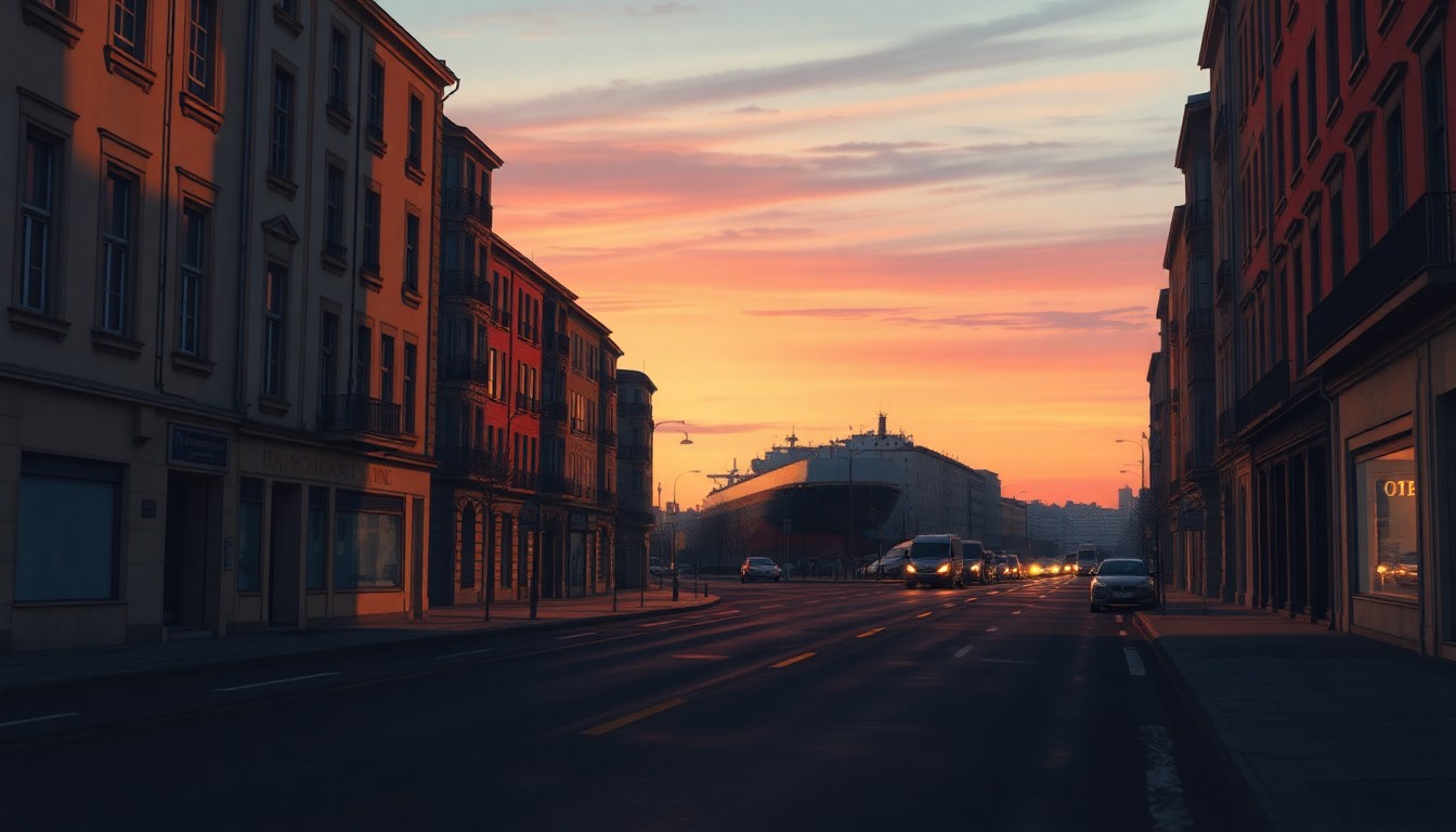 A cinematic painting of an empty European city street at dusk, with warm diagonal sunlight and deep shadows, and a lone oil tanker ship visible on the horizon, conceptually representing the energy crisis caused by geopolitical tensions.