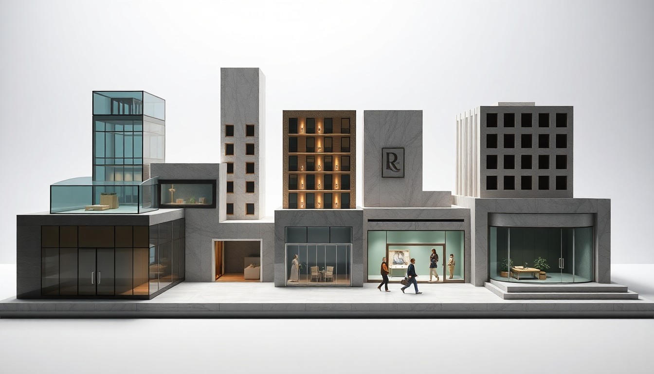 A high-end, photorealistic studio still-life photograph featuring a collection of elegant, geometric architectural models and miniature retail displays arranged on a clean, monochromatic background, conceptually representing the abstract ideas of urban redevelopment and the evolution of downtown districts.