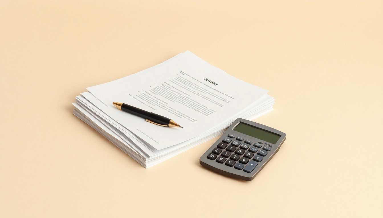 A photorealistic studio still life featuring a stack of legal documents, a pen, and a calculator arranged elegantly on a clean, monochromatic background, conceptually representing the abstract corporate strategy and financial disputes at the heart of this story.
