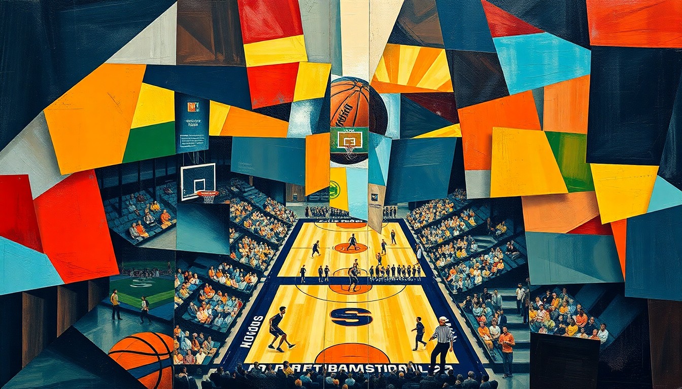 A cubist-style painting depicting a college basketball game broken down into sharp, overlapping geometric shapes and planes, conveying the dynamic energy and tactical nuance of the sport.