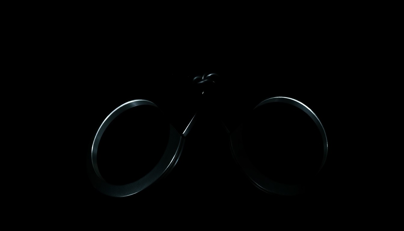 An extreme close-up of a pair of metal handcuffs against a stark black background, the harsh lighting creating dramatic shadows and textures that conceptually represent the gravity of a criminal case.
