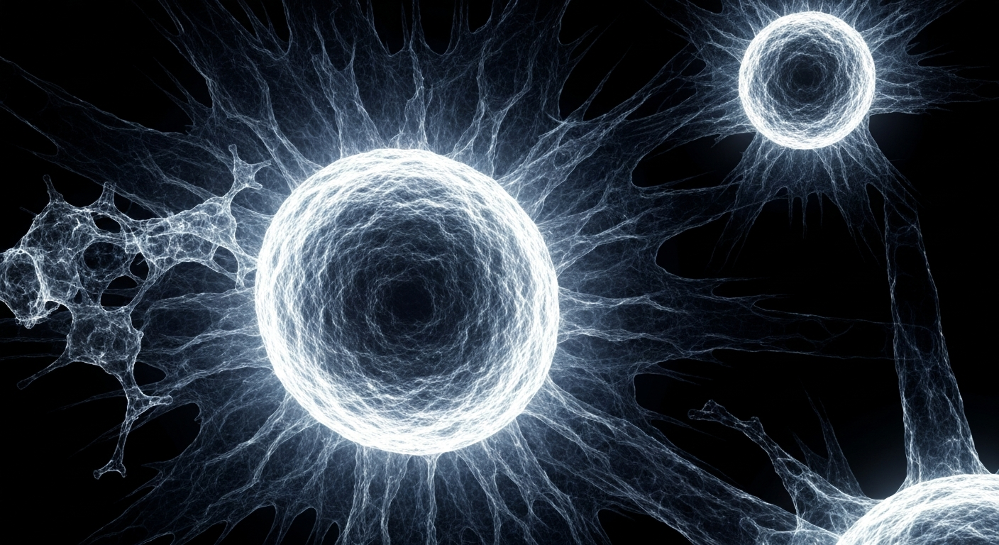 A highly detailed, ghostly X-ray image revealing the complex internal structure of a cancer cell, conceptually illustrating the innovative research Palleon Pharmaceuticals is conducting to develop new treatments.