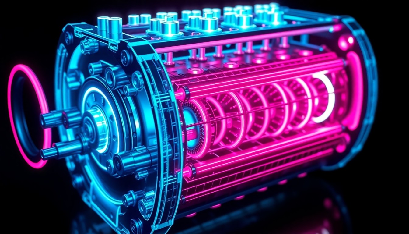 A highly detailed, glowing 3D illustration of an advanced HTPEM fuel cell stack, with intricate metallic components and neon cyan and magenta lights illuminating the internal structure, conceptually representing the innovative fuel cell technology being developed through the Advent-EH Group partnership.