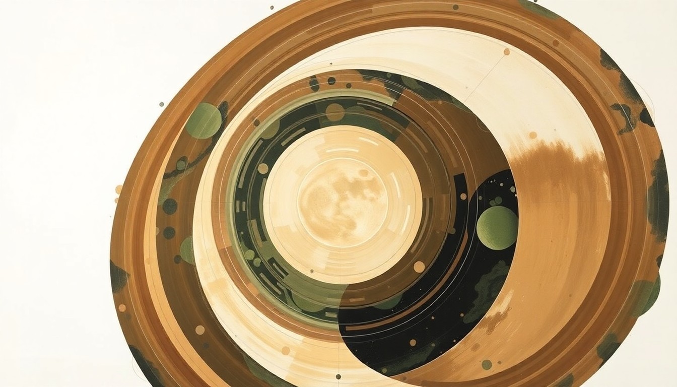 A highly structured abstract painting in soft, earthy tones of brown, green, and blue, featuring sweeping geometric arcs, concentric planetary circles, and precise botanical spirals, conceptually representing the complex forces and natural beauty of the Artemis II lunar mission.