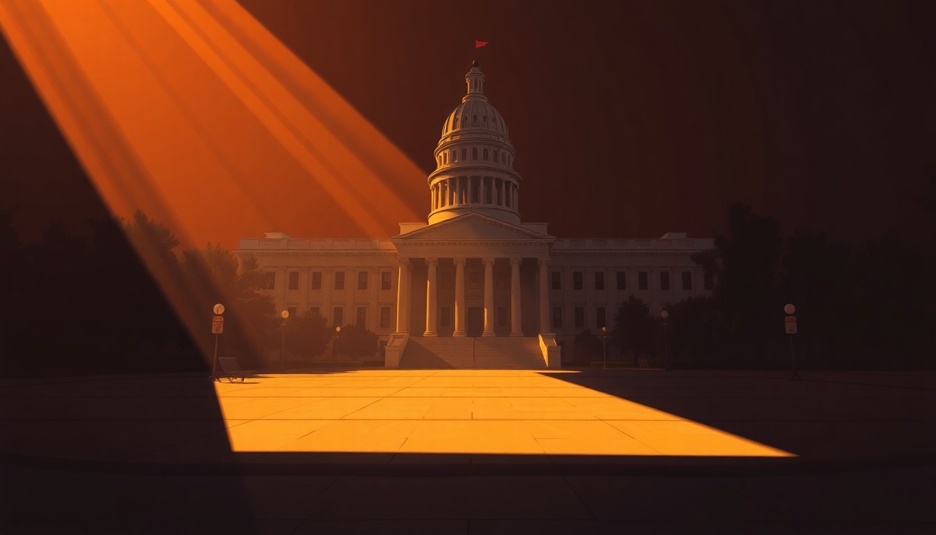 A photorealistic painting of the Georgia state capitol building, its grand columns and dome bathed in warm, golden light, with deep shadows cast across the facade, conveying a sense of quiet contemplation about the building's historical significance.