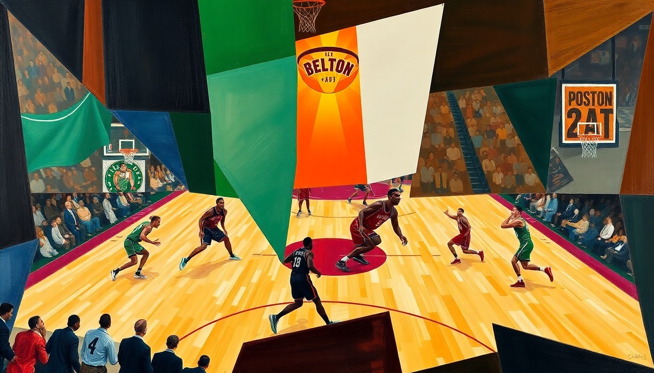 A cubist, geometric painting depicting the dynamic movements and energy of a basketball game, with the players' forms fractured and abstracted into overlapping planes of color and shape.