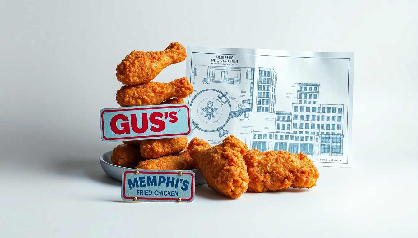 A photorealistic studio still life featuring a stack of crispy fried chicken drumsticks, a vintage Gus's Fried Chicken sign, and architectural blueprints, conceptually representing the intersection of Memphis' historic food culture and its evolving urban landscape.