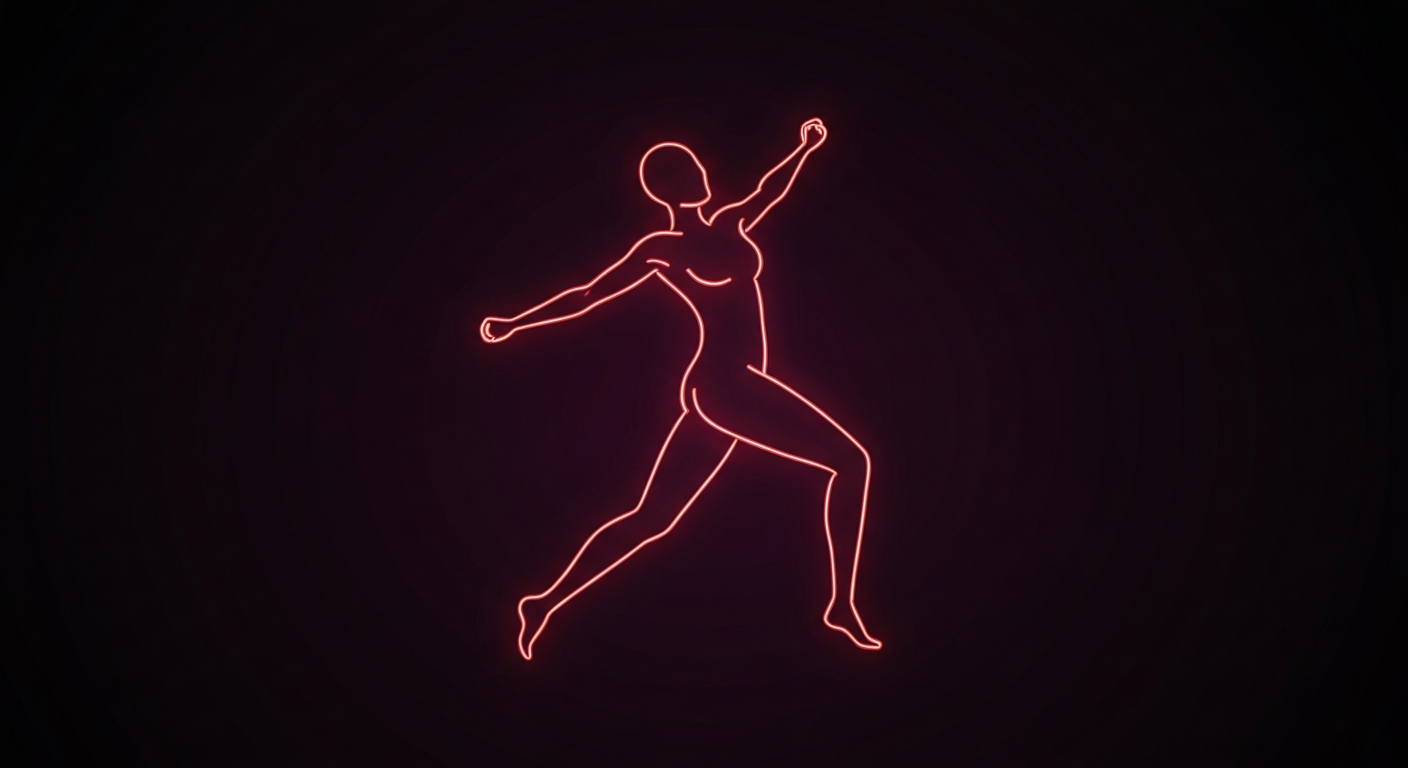 A dynamic, glowing neon outline illustration of a stylized human figure in an energetic, active pose, representing the vibrant energy and innovation of the health and wellness industry.
