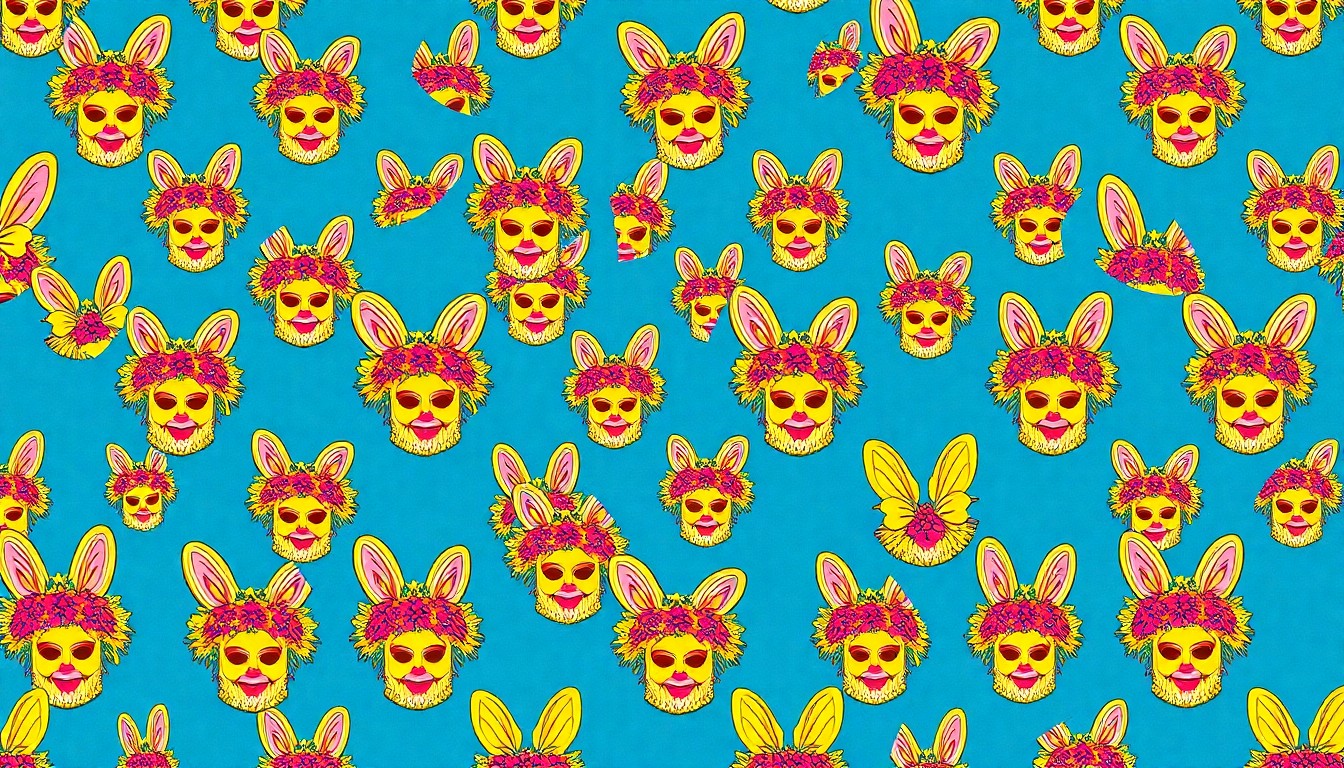 A vibrant, pop art-inspired illustration featuring a repeated pattern of an ornate Easter bonnet in shades of pink, purple, and yellow, conveying the festive energy of the Richmond parade.
