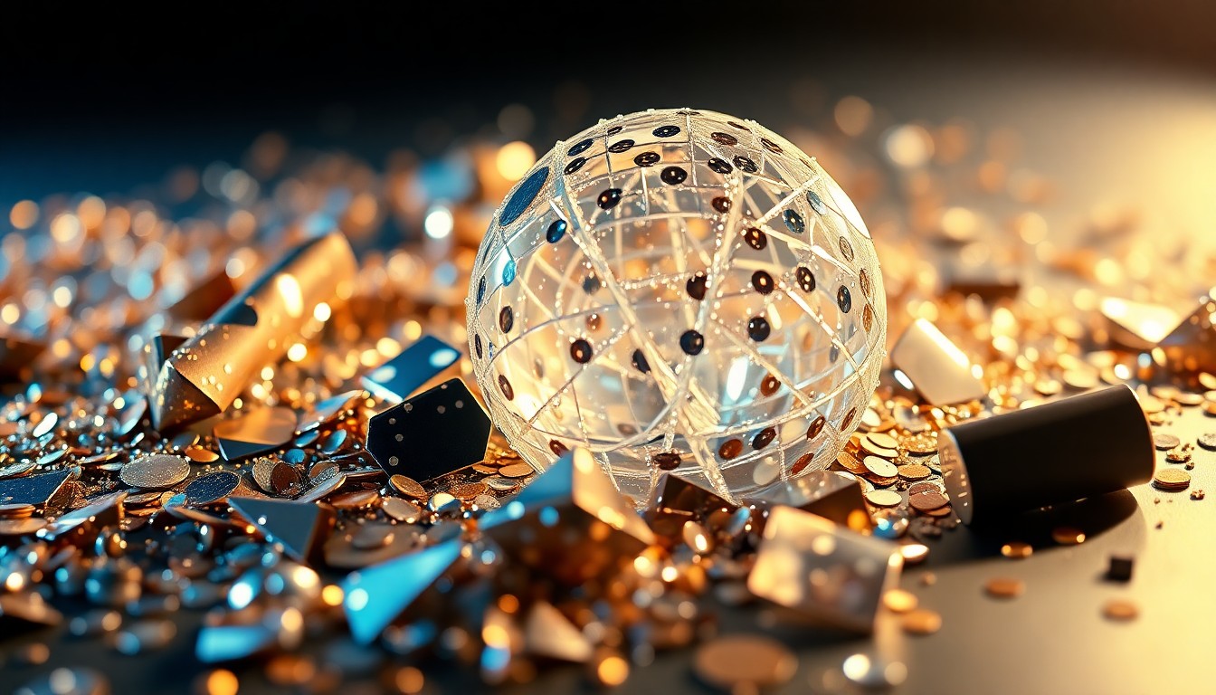 An abstract close-up image featuring a dramatic, high-contrast texture of glittering sequins and shattered glass, conceptually representing the glamour and energy of Olivia Dean's music and career.