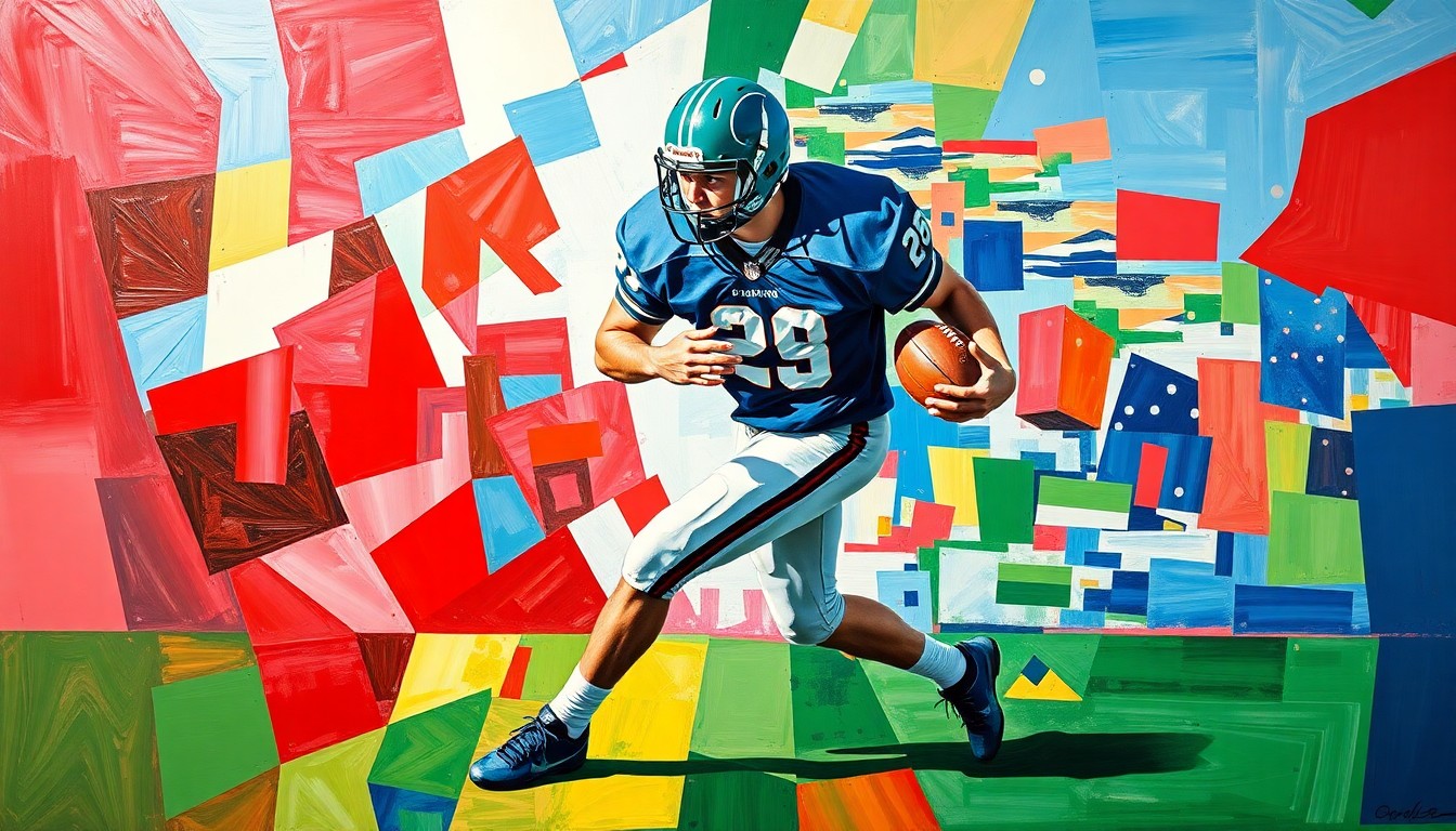 A fragmented, geometric painting depicting the explosive movements of a high school football player, rendered in a cubist style with bold, clashing colors.