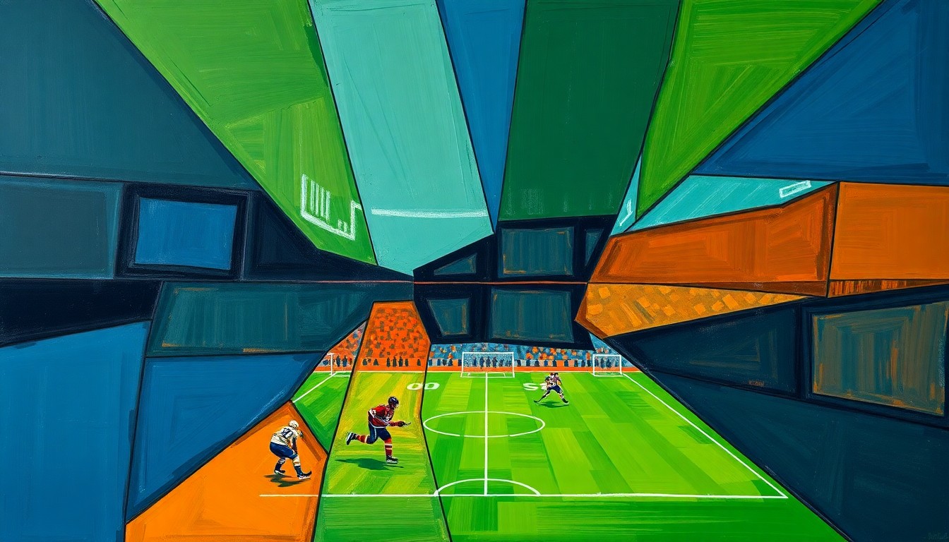 A cubist, geometric painting depicting a fragmented, multi-angled view of a sports game or match, using sharp planes of navy, green, and orange to conceptually represent the changing dynamics of media distribution for local teams.