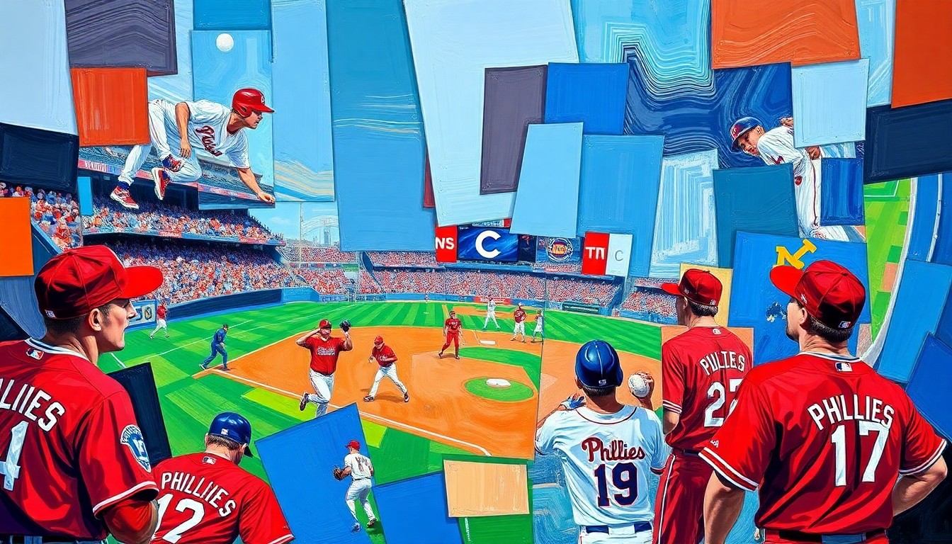 A cubist-style painting depicting a baseball game or players' actions broken down into sharp, overlapping geometric shapes and planes in the Phillies' red and blue colors, conveying the dynamic energy of the team's young standouts.