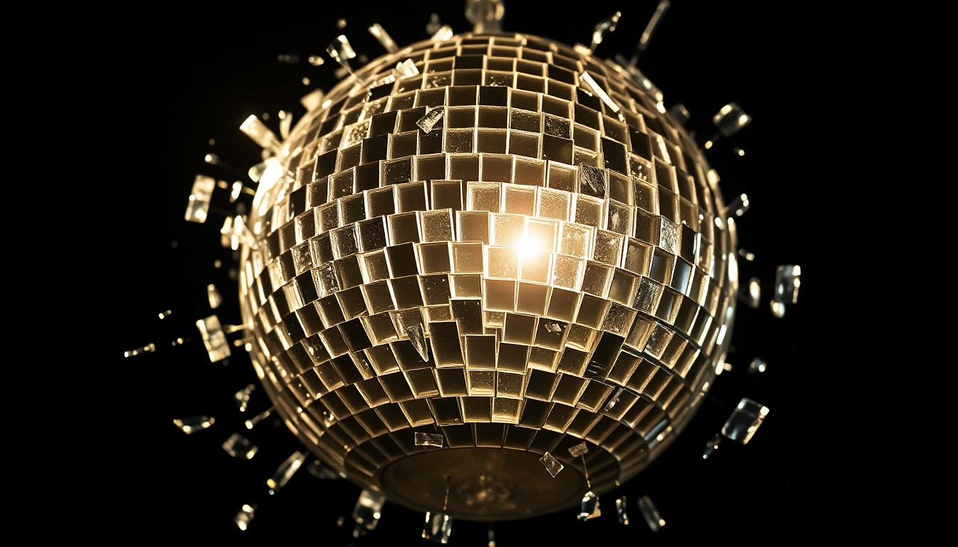 An extreme close-up photograph of shattered, glittering disco ball glass captured in high-contrast studio lighting, conceptually representing the dramatic return of classic soap opera characters.