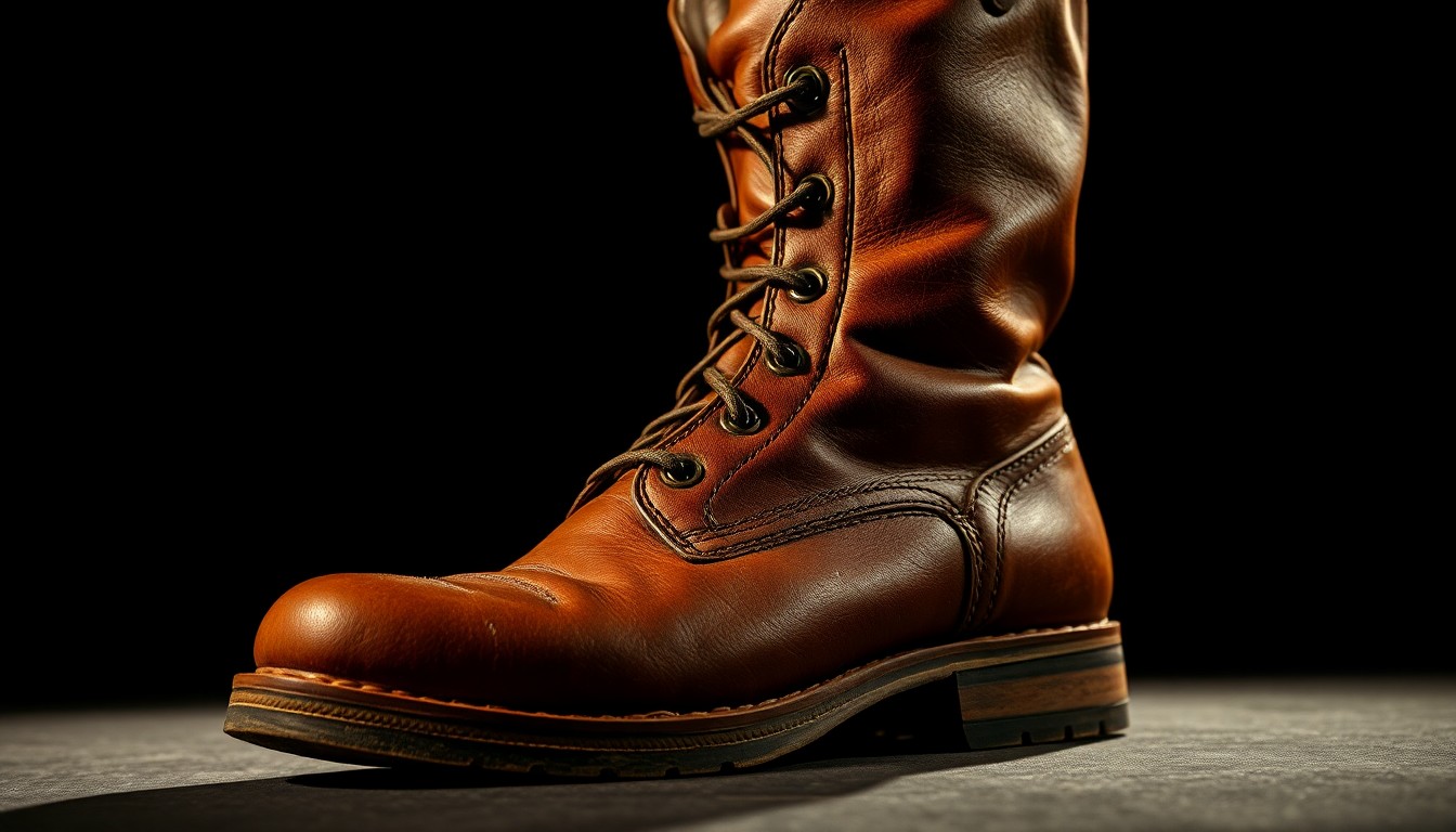 An extreme macro photograph of a heavily textured, cracked leather boot, lit dramatically to create a high-contrast, glamorous aesthetic that conceptually represents the iconic action star persona of Chuck Norris.