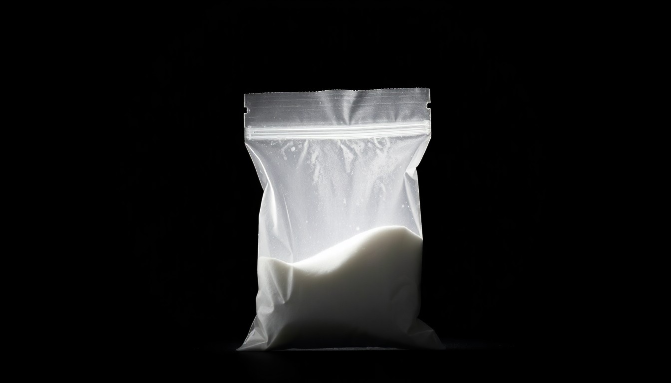 An extreme close-up photograph of a small plastic bag containing white powder, lit by a harsh, direct camera flash against a pitch-black background, conceptually representing the arrest of a country singer on fentanyl possession charges.
