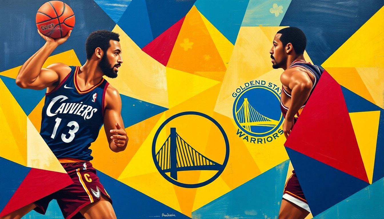 A fractured, multi-perspective painting in a cubist style, breaking down a basketball game into sharp, overlapping geometric planes of navy, red, and yellow, abstracting the players' forms into angular shapes.