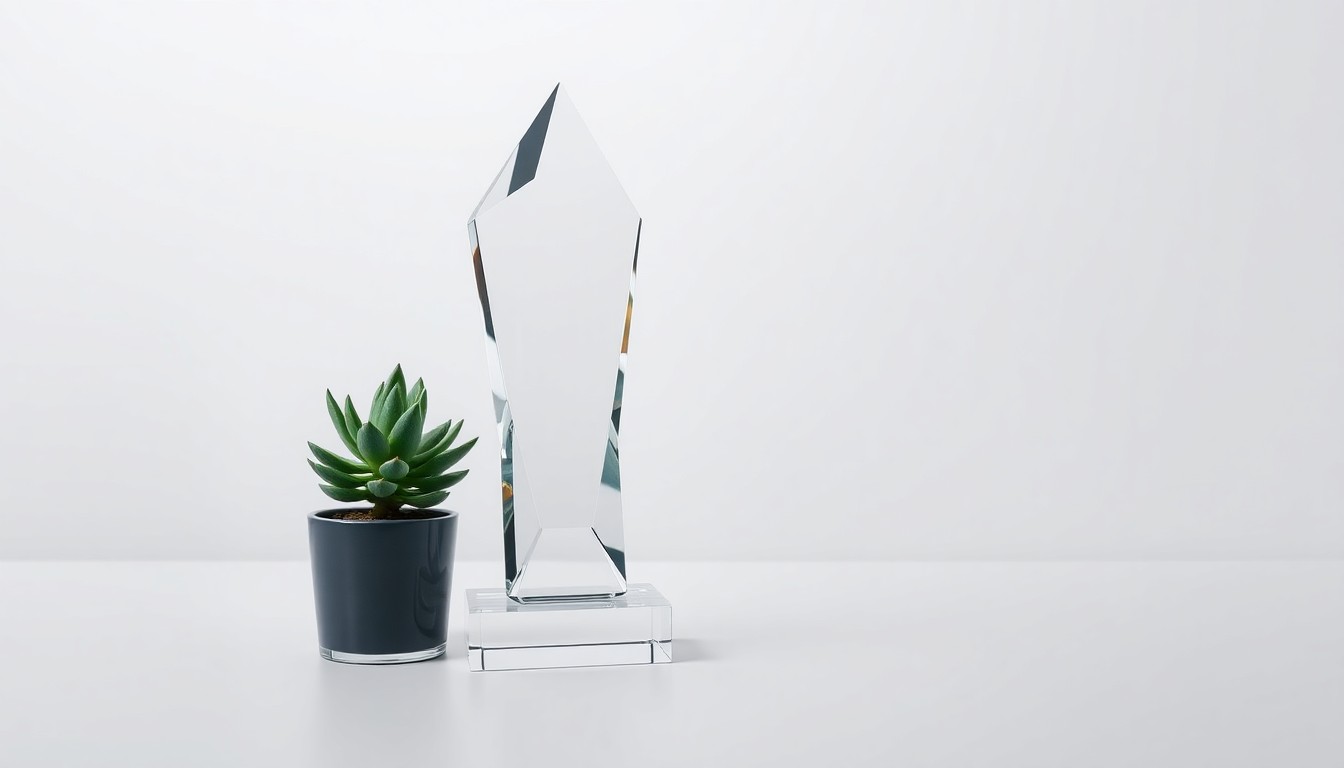 A high-end, photorealistic studio still-life photograph featuring a polished, geometric crystal award trophy and a small potted succulent plant arranged elegantly on a clean, monochromatic background, conceptually representing the prestige and significance of the Marlow Chamber of Commerce's annual awards.