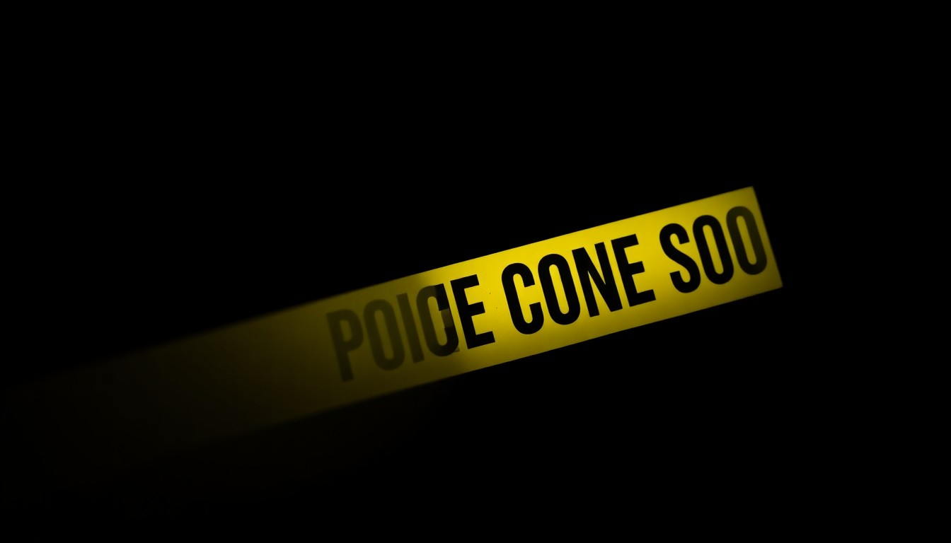 An extreme close-up of a single piece of police evidence tape, the harsh lighting and dark background creating a stark, gritty, investigative mood.