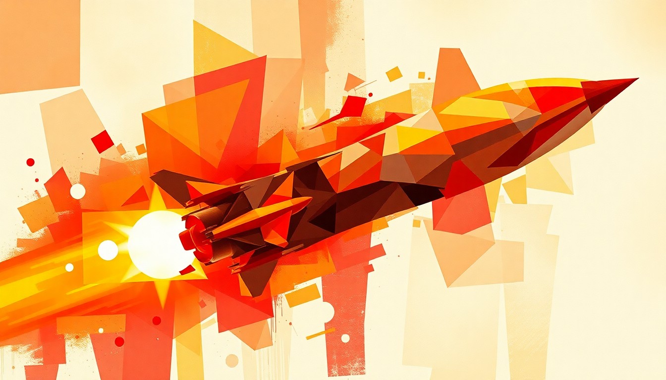 A dynamic, abstract painting featuring overlapping, fractured geometric shapes in shades of red, orange, and yellow, conceptually representing the escalating tensions and uncertainty surrounding the ongoing military operation against Iran.