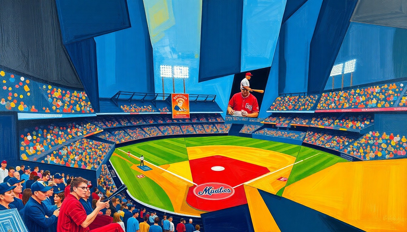 A cubist-style painting featuring overlapping geometric shapes and planes in navy blue, red, and gold, conceptually representing the dynamic energy of a baseball game and the debut of a top prospect.