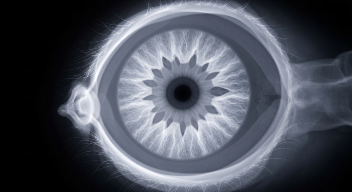 A translucent X-ray photograph of a human eye, with the internal structures glowing softly against a dark background, conceptually representing the importance of vision health and the development of new therapies to address vision problems.