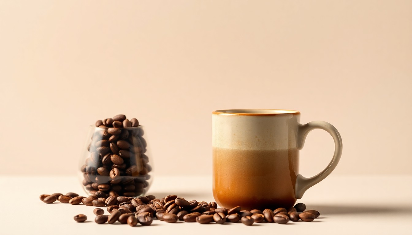 A high-end, photorealistic studio still-life photograph featuring a stack of whole coffee beans, a glass carafe filled with freshly brewed coffee, and a vintage-style ceramic mug on a clean, monochromatic background, conceptually representing the premium quality and timeless tradition of the Community Coffee brand.