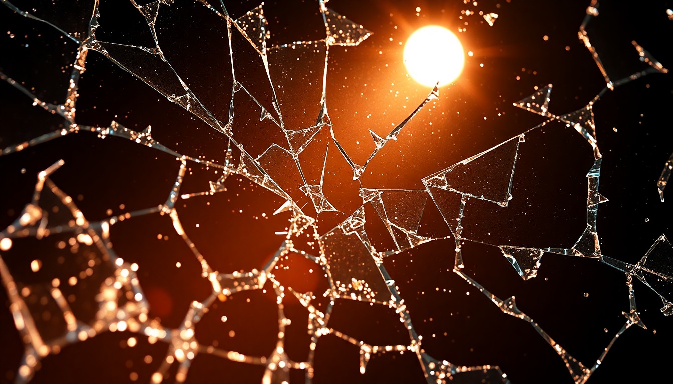 An abstract close-up photograph of a shattered, glittering glass surface, capturing the high-contrast, high-fashion aesthetic of the entertainment industry.