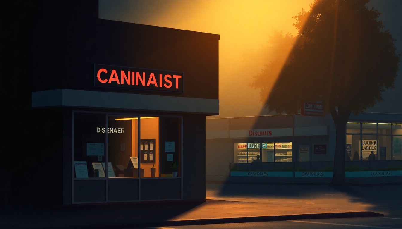 A photorealistic painting depicting the storefront of a medical cannabis dispensary, with warm sunlight streaming in and a liquor store visible in the background, capturing the quiet, cinematic mood of the urban landscape.