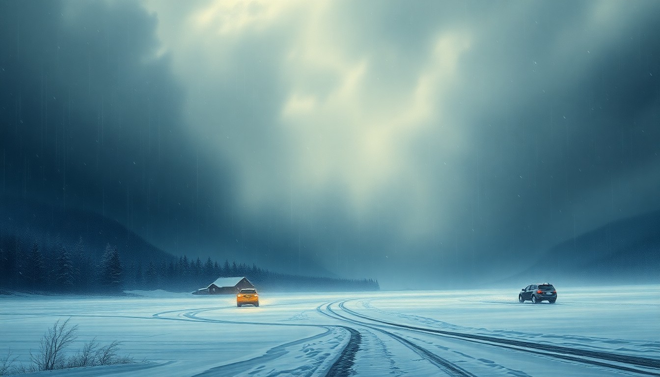 A vast, atmospheric landscape painting in muted blues, grays, and whites, depicting a snow-covered forest and distant mountains shrouded in heavy, swirling clouds, conveying the overwhelming scale and sublime beauty of a Maine winter storm.