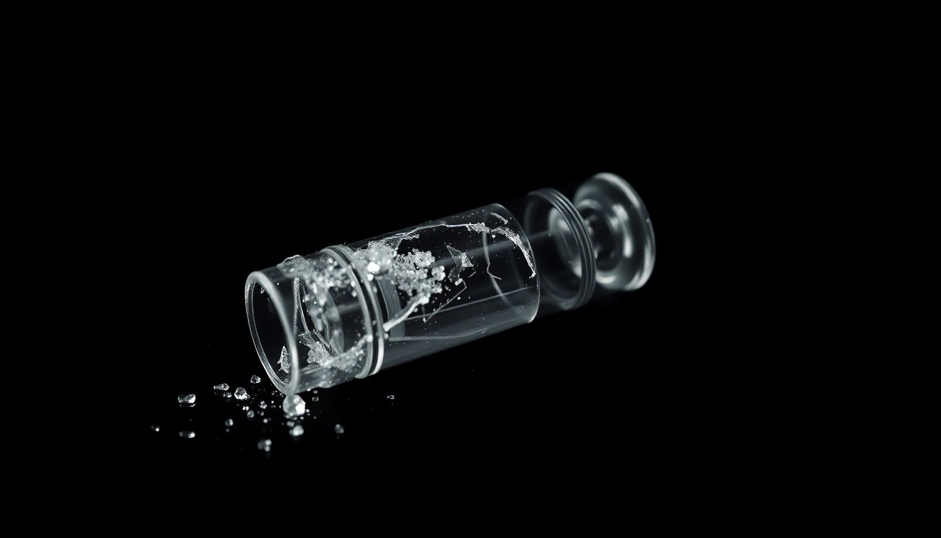 An extreme close-up photograph of a shattered glass vape cartridge against a pitch-black background, conceptually illustrating the legal issues surrounding the bar and vape shop.