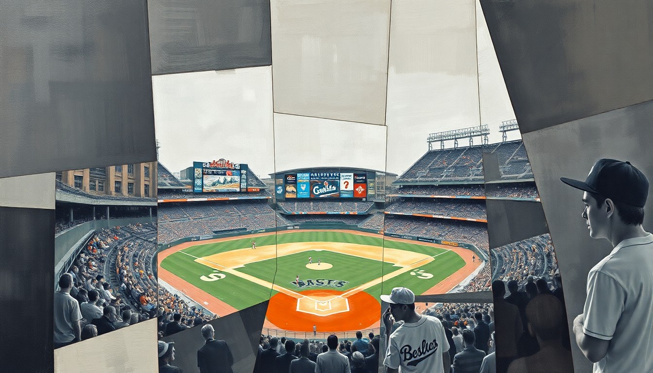 A fragmented, geometric painting depicting a baseball game at Busch Stadium, with the field and stands broken down into sharp, overlapping planes of muted colors, conveying a sense of the city's declining population and vibrancy.
