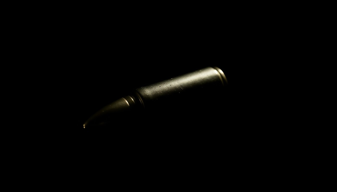 An extreme close-up photograph of a spent bullet casing against a pitch-black background, conceptually illustrating the grim aftermath of a shooting incident.