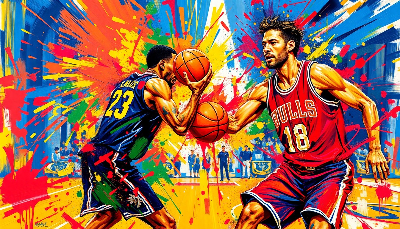 An abstract expressionist painting featuring vibrant neon brushstrokes and splatters of color, capturing the raw athleticism and intensity of a one-on-one basketball game.