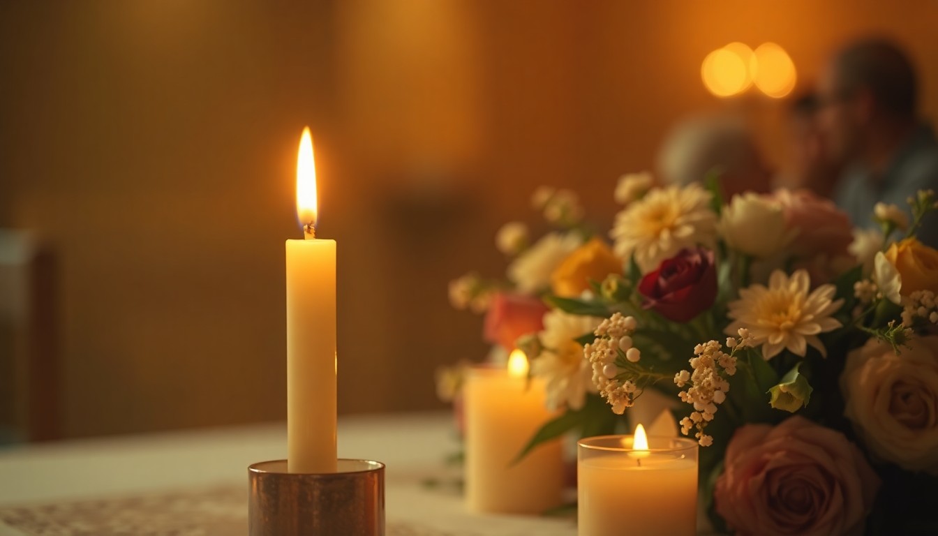 An extremely abstracted, out-of-focus photograph in soft, warm tones depicting a serene, contemplative scene related to a memorial service or funeral, such as a flickering candle or a bouquet of flowers.
