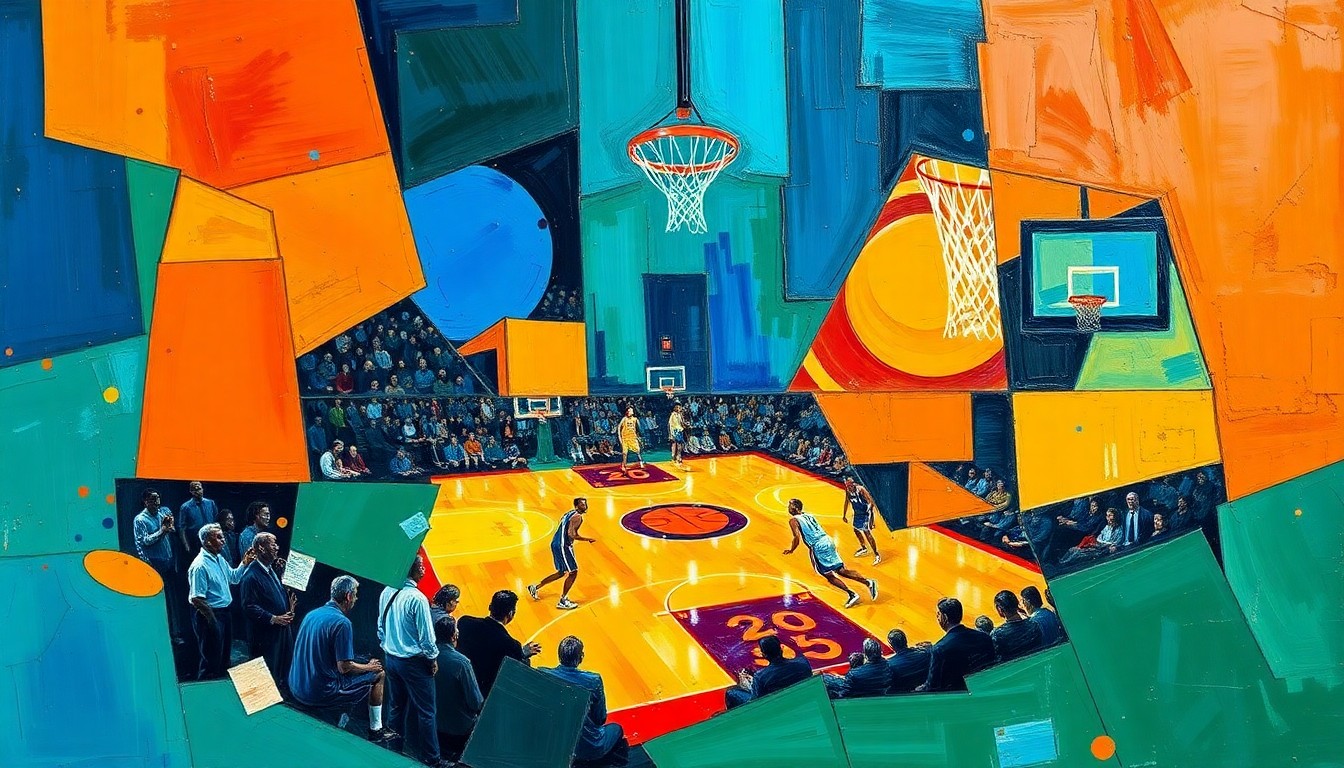 A cubist, geometric painting depicting a sports competition, with overlapping shapes and planes in vibrant colors representing the energy and excitement of the event.