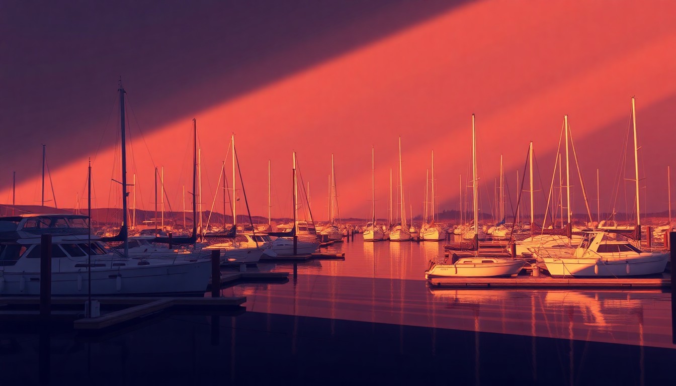 A photorealistic painting of the Erie Basin Marina on Buffalo's waterfront, with the docks and boats reflected in the calm water and the surrounding buildings bathed in warm, golden light, conveying a sense of tranquility and civic pride.