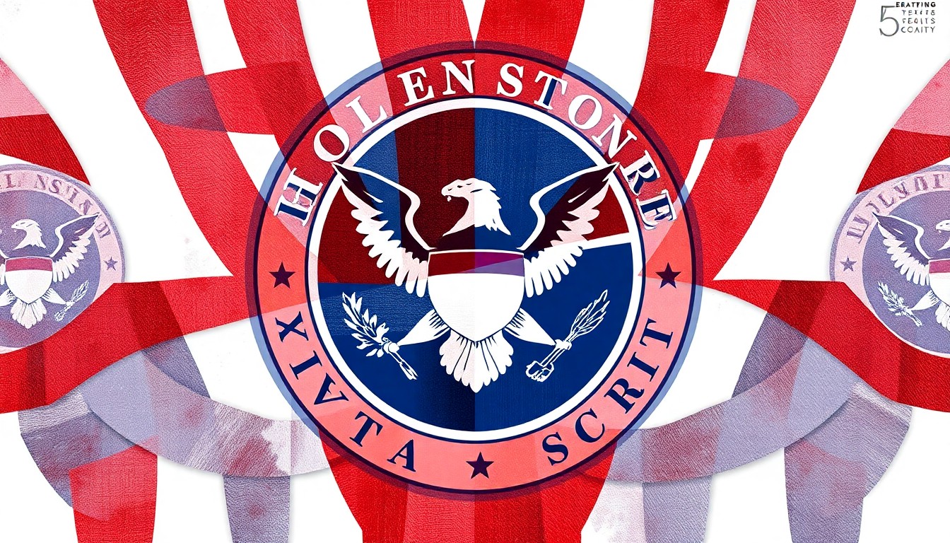 A dynamic, abstract painting featuring the DHS logo repeated in overlapping, fragmented geometric shapes in patriotic red, white, and blue colors, conceptually representing the political tensions surrounding the government funding dispute.