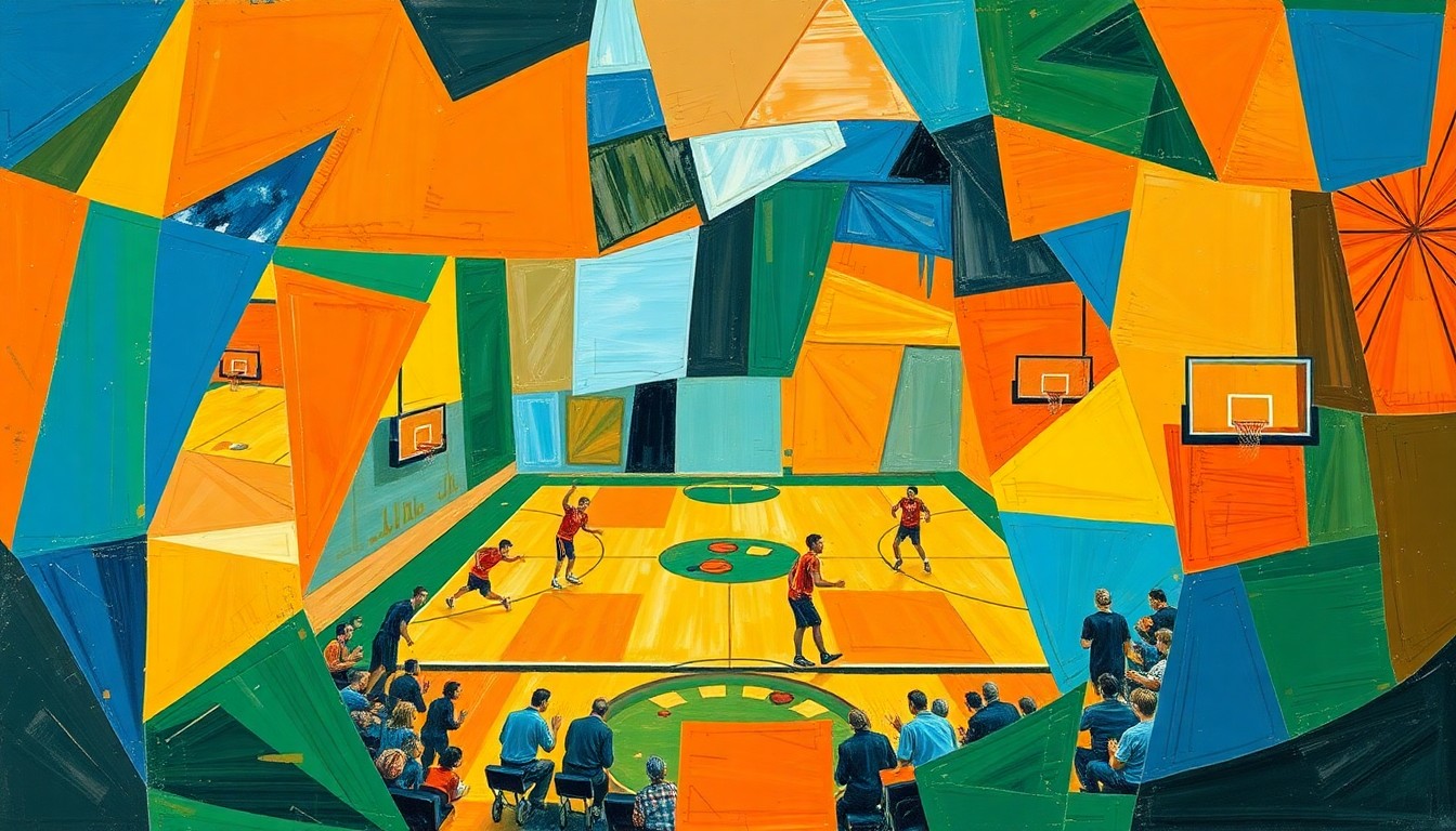 A cubist-style painting featuring fragmented, overlapping geometric shapes in bright orange, blue, and green hues, conceptually representing the dynamic action and energy of a high school basketball game.