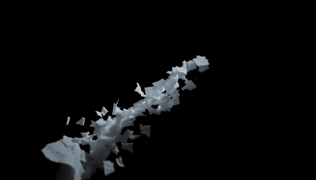 An extreme close-up photograph of shredded paper fragments lit by a harsh, direct camera flash against a pitch-black background, conveying a stark, gritty, investigative aesthetic around the secure destruction of confidential documents.