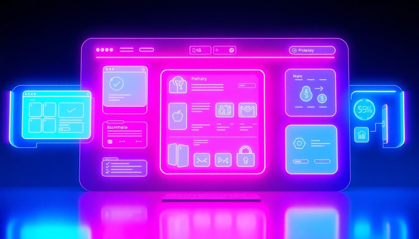 A highly detailed, glowing 3D illustration of a futuristic ecommerce platform interface, with various components like product pages and payment processing illuminated by neon cyan and magenta lights, conceptually representing the advanced technology powering the platform.
