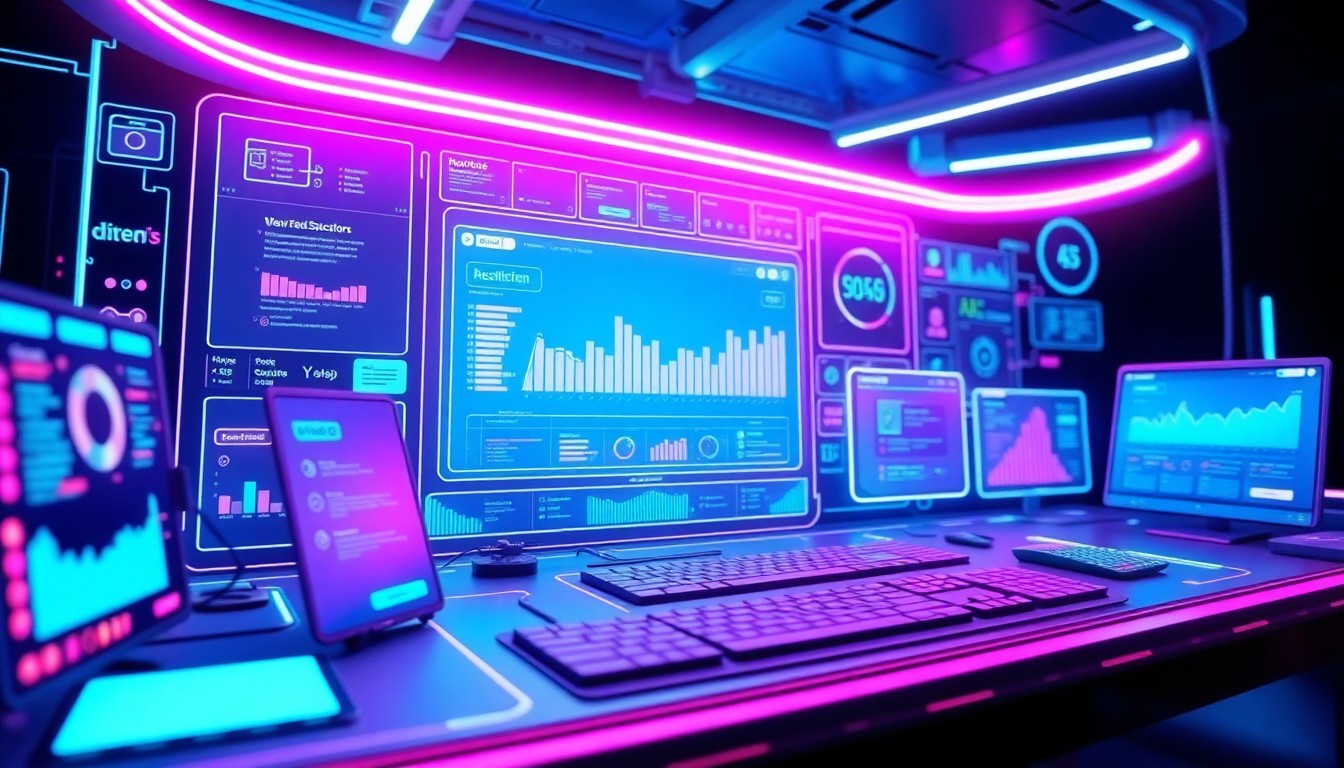 A highly detailed, glowing 3D illustration of a futuristic software platform interface, with neon cyan and magenta lights illuminating the various software modules and data visualizations, representing the comprehensive and innovative nature of Nerdisa's new SaaS directory.