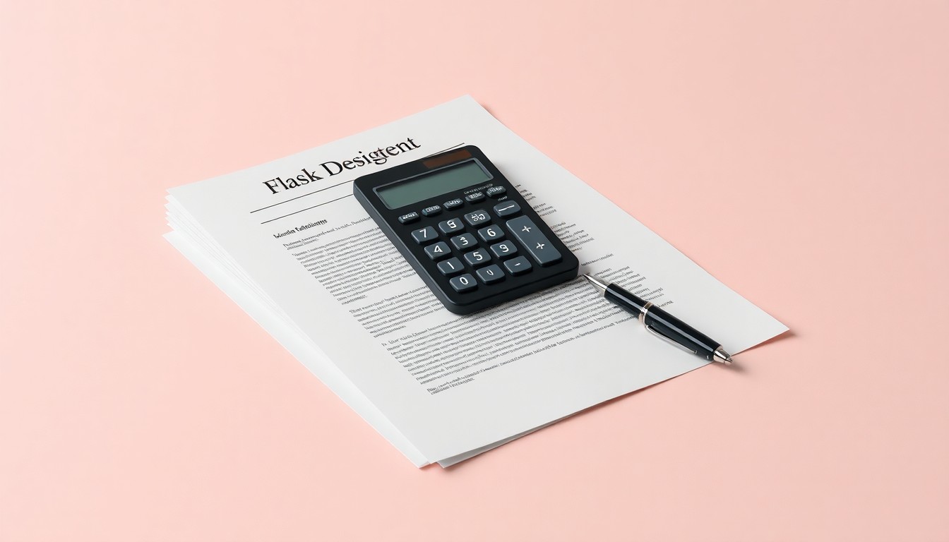 A photorealistic studio still life featuring a stack of legal documents, a calculator, and a pen arranged on a clean, white background, symbolizing the abstract corporate strategy and finance concepts behind the Pinterest securities class action lawsuit.
