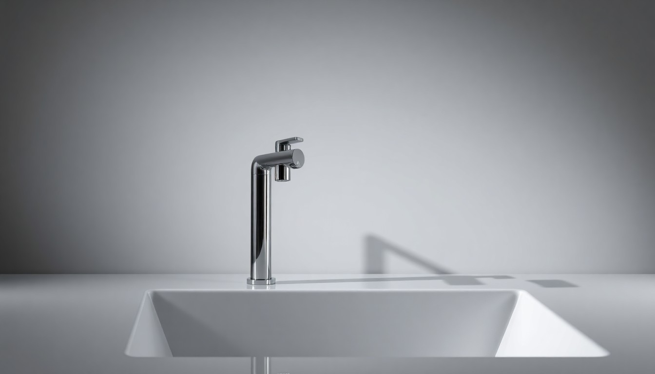 A high-end, photorealistic studio still-life photograph featuring a sleek, modern faucet fixture made of polished chrome, set against a clean, monochromatic grey background with dramatic lighting casting deep shadows, conceptually representing Oatey's data-driven approach to the plumbing industry.