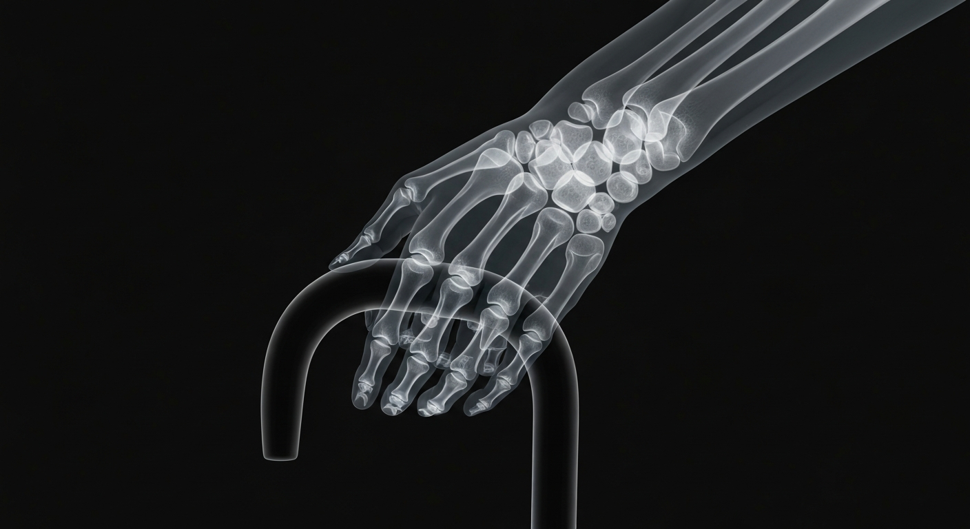 An X-ray photograph of an elderly hand holding a walking cane, the bones and joints visible as glowing lines against a dark background, conceptually representing the specialized healthcare services for seniors.