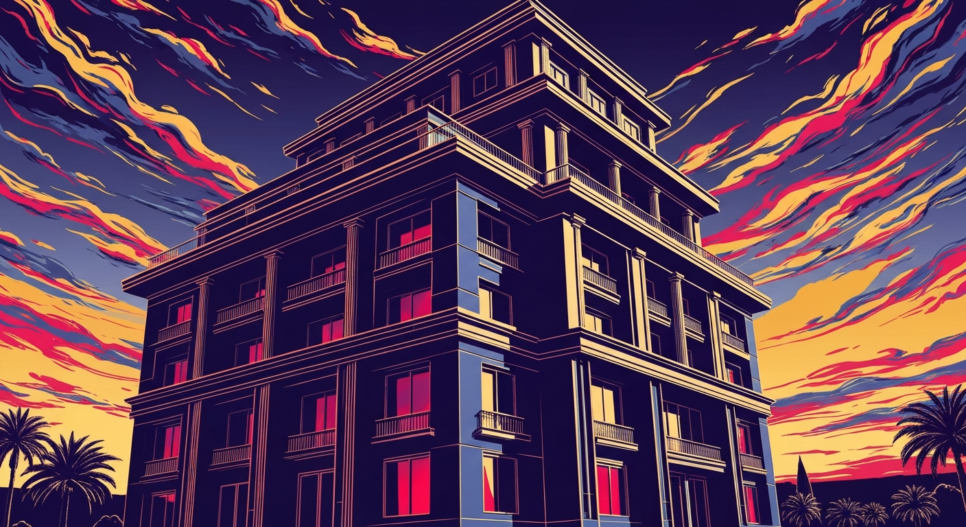 A bold, highly geometric Art Deco-style illustration depicting the grand, sweeping facade of a winery or distillery building set against a vibrant gradient sky, capturing the romance and scale of the region's wine and cocktail tourism.