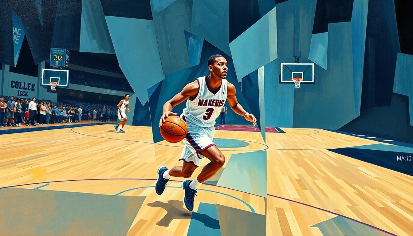 A fragmented, abstract painting depicting a basketball player in motion, their body and the court broken down into overlapping geometric shapes and planes in vibrant colors, conveying the dynamic energy of the sport.