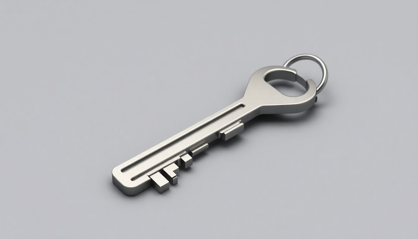 A close-up photograph of a shiny metal key resting on a minimalist gray background, representing the unlocking of affordable housing opportunities through redevelopment efforts in Baltimore.