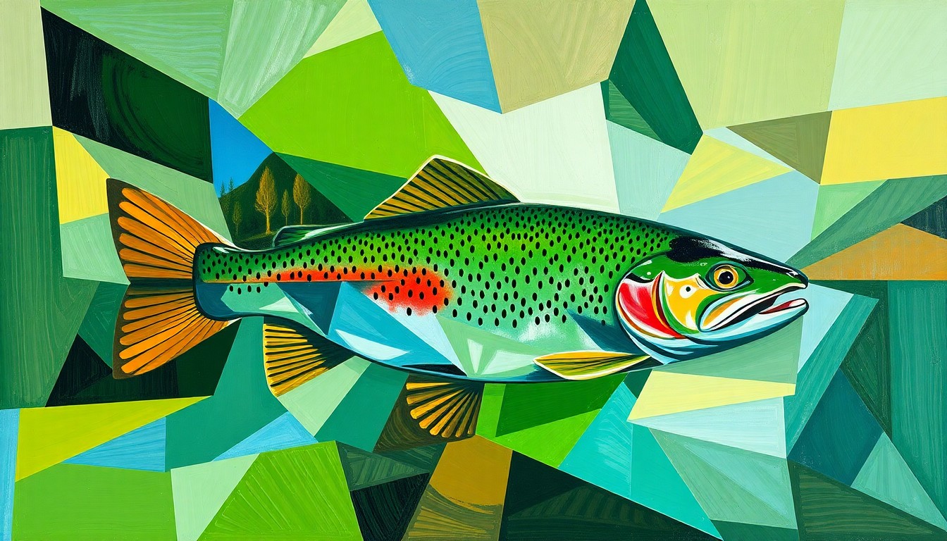 A cubist, geometric painting depicting a fragmented trout fishing scene, with sharp, overlapping planes of green, blue, and brown representing the natural landscape.
