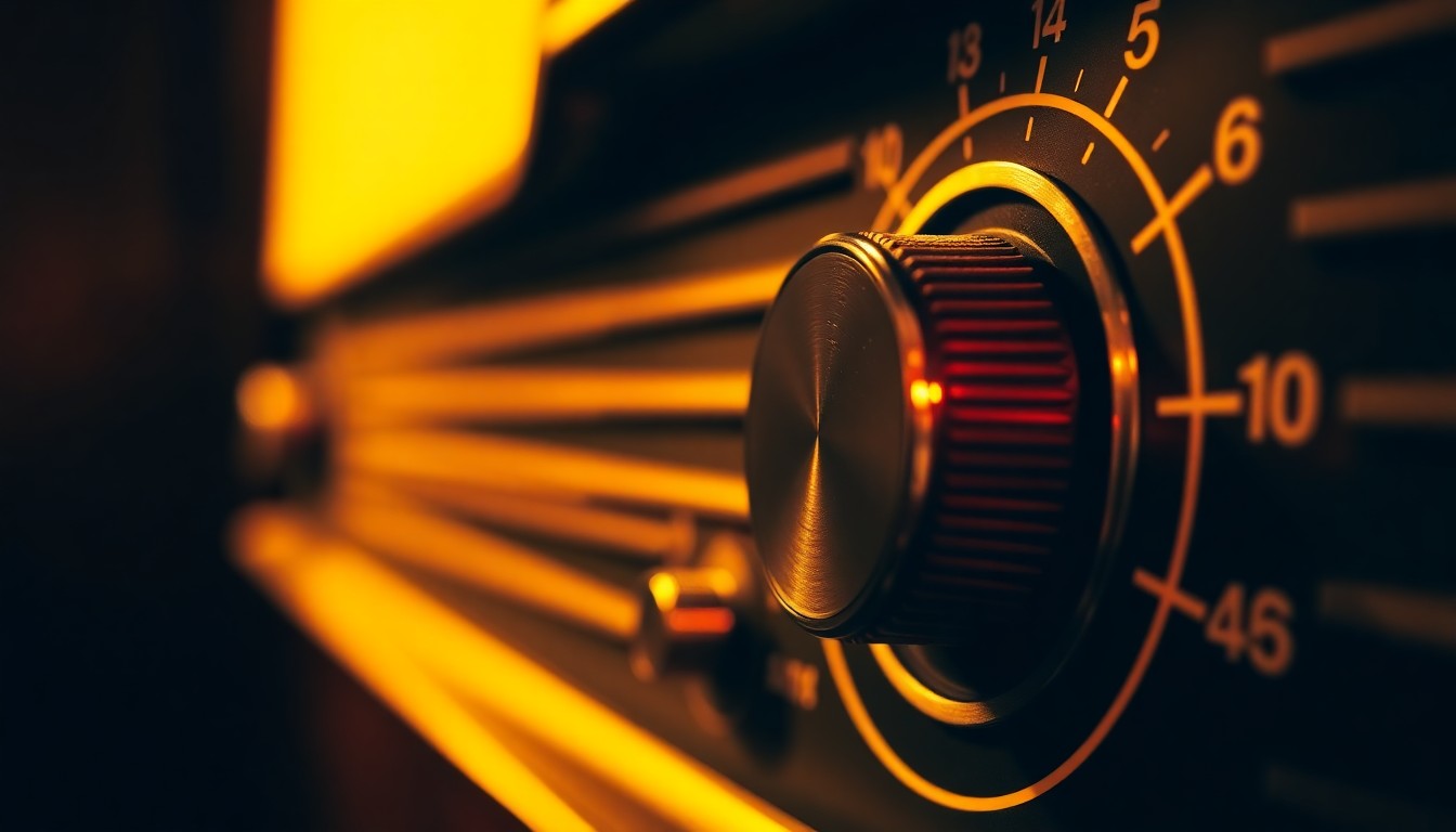 An extreme close-up photograph of the vintage dial and tuning knob of an analog radio, bathed in warm, golden lighting to evoke a nostalgic, glamorous aesthetic and convey the tactile, textural experience of discovering music through the radio.
